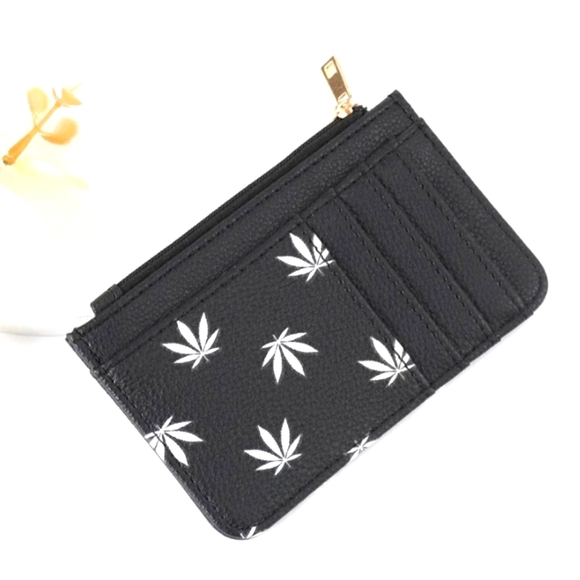 None Other - Black & White Faux Leather Cannabis Leaf Card Holder